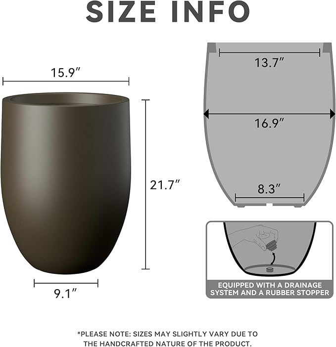 Kante Tall Concrete Planter, 21.7-Inch Height Dark Brown Large Indoor Outdoor Plant Pot with Drainage Hole for Patio Garden Home, Modern Decor for Flowers and Tree