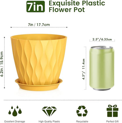 7 inch Plant Pots for Indoor Outdoor Plants, 5 Pack Thick Nursery Pots with Drainage Holes and Saucers, 3D Modern Wave Texture Plastic Planter Pots for Flowers and House Plants, Multicolor