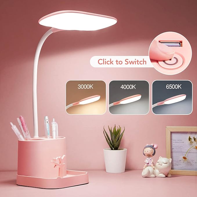 Mubarek Cute Desk Lamp Pink Lamp Cute Desk Accessories, 3 Modes 8W Dimmable Pink Desk Lamp+Organizers, Pink Desk Accessories Kawaii Desk Accessories, Cute Lamp Cute Desk Decor Cute Office Supplies