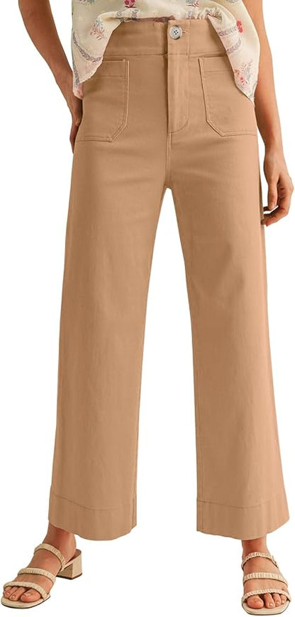 miduo Womens High Waisted Cropped Wide Leg Stretchy Straight Pants Trousers with Pockets