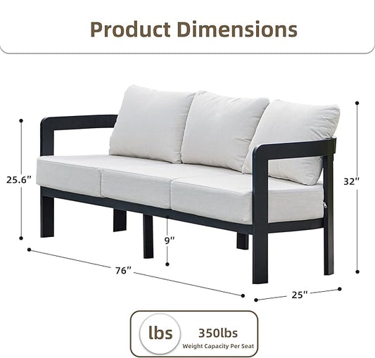 Outdoor Couch Aluminum Patio Furniture, 3-Seat All-Weather Metal Modern Patio Sofa with Washable Thick Cushion for Garden/Backyard/Porch, White