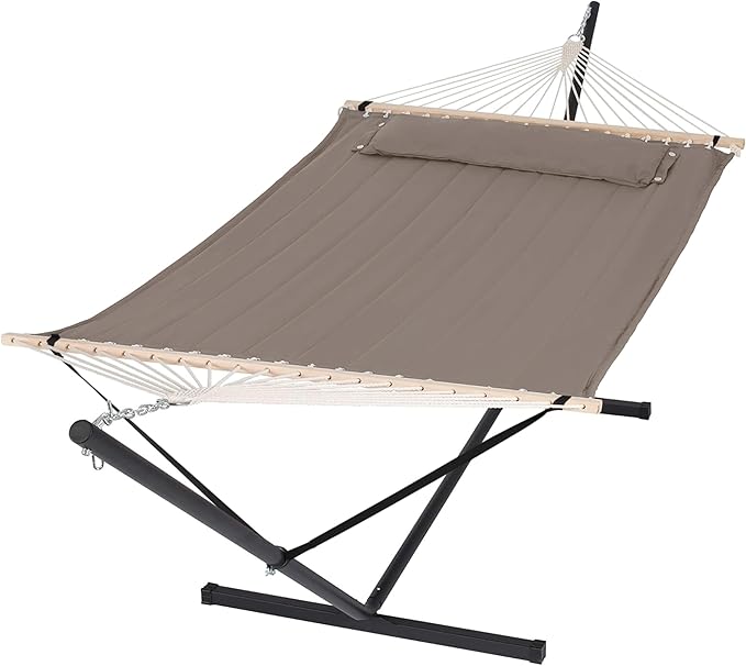 SUNCREAT 55 Inch Extra Large Double Hammock with 12 ft Stand, 475lbs Capacity, Outdoor Portable Hammock with Hardwood Spreader Bar, Extra Large Pillow, Brown