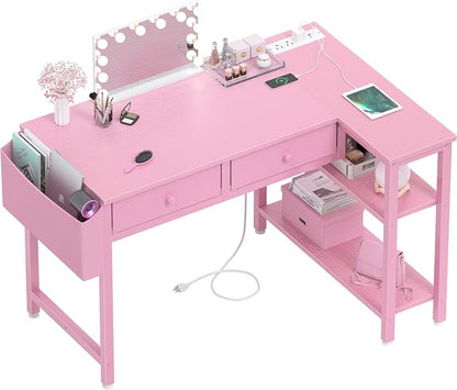 DLisiting Pink Reversible L Shaped Desk with Drawers and Shelves, Small Kids Study Vanity PC Computer Desk with Storage for Girls, Corner L-Shaped Desks for Small Space Bedroom
