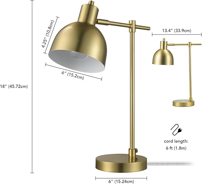 Globe Electric 61000058 18" Desk Lamp, Matte Brass Finish, Matte Black Metal Shade, Pivot Joint, On/Off Rotary Switch on Socket, E26 Base Bulb, Lamp for Living Room, Home Office