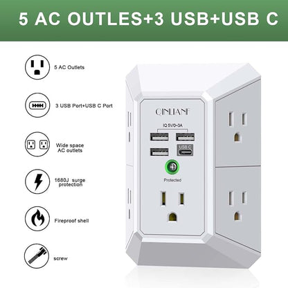 Wall Charger, Surge Protector, QINLIANF 5 Outlet Extender with 4 USB Charging Ports, 3-Sided 1680J Power Strip Multi Plug Adapter Spaced for Home Travel Office