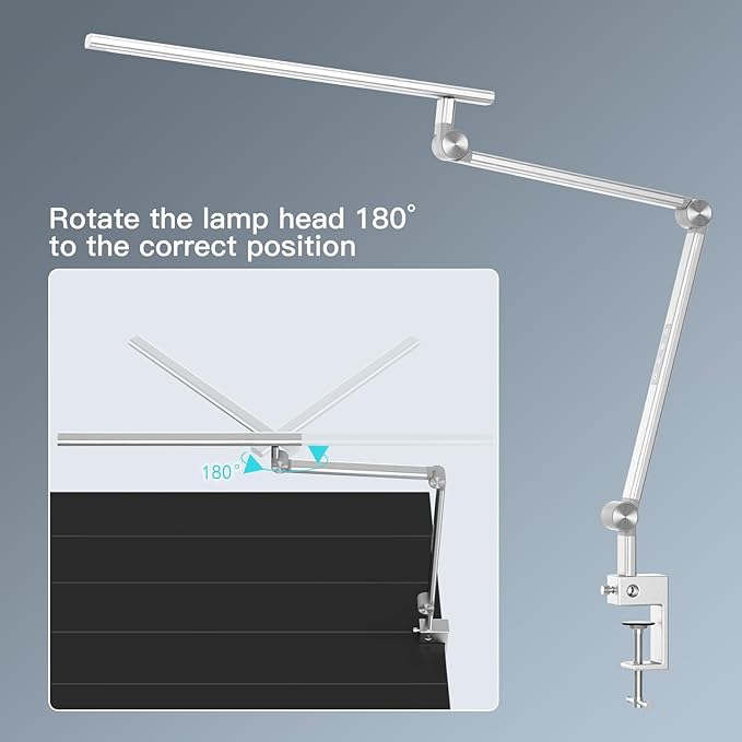 LED Desk Lamp, Desk Light for Home Office, Dual Light Source 18W Brightest, Eye-Caring Optical Lens, Task Lamp, 5 Color Modes & Brightness, Aluminum Alloy Clip on Lamp, Clamp Lamp, Silver
