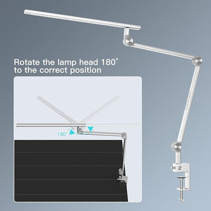 LED Desk Lamp, Desk Light for Home Office, Dual Light Source 18W Brightest, Eye-Caring Optical Lens, Task Lamp, 5 Color Modes & Brightness, Aluminum Alloy Clip on Lamp, Clamp Lamp, Silver