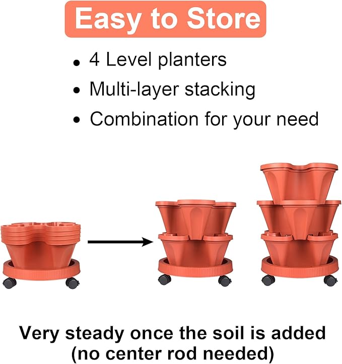 DUNCHATY Stackable Planters 4 Tier Vertical Garden Planting Tower Planters Strawberry, Herb, Flower, and Vegetable Planter Indoor Outdoor Gardening Pots with Removable Wheels and Tools, 2 Bundle