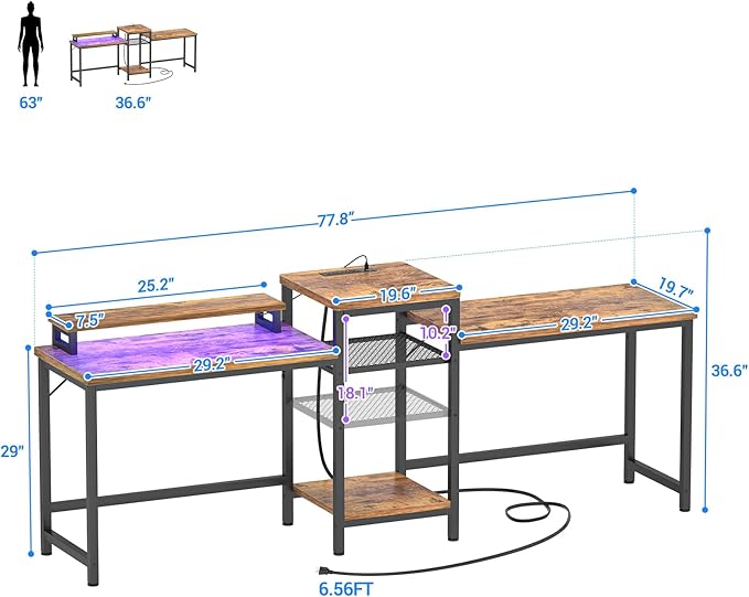 Unikito Double Computer Desk with LED Strip and Power Outlet, 2 Person Desk with Monitor Stand and Storage, Ergonomic Computer Desk with Printer Stand for Home Office, Long Gaming desk, Rustic Brown