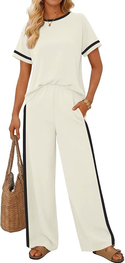 Sampeel 2 Piece Sets for Women Matching Sets Summer Outfits Resort Wear Short Sleeve Lounge Set Wide Leg Pants with Pockets