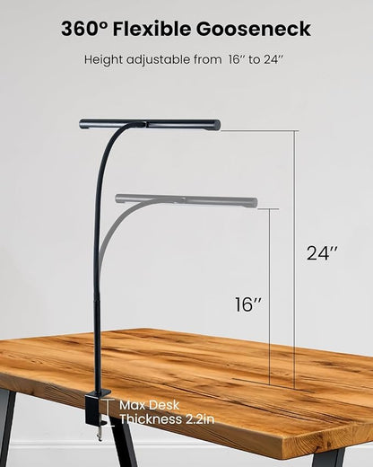 LED Desk Lamp for Home Office, Eye-Caring LED Desk Light Bar with Gooseneck, 12W Dimmable Overhead Light for Desk, Architect Clamp Lamp for Reading Study Workbench