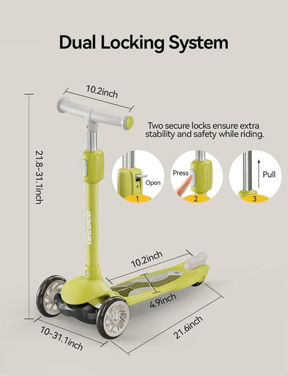 Kick Scooter for Kids Ages 2-14, 3 Wheel Scooter Adjustable Height Foldable Design, 3 LED Light Wheels, Rear Brake, Extra Wide Non-Slip Deck Kid Scooters for Boys and Girls