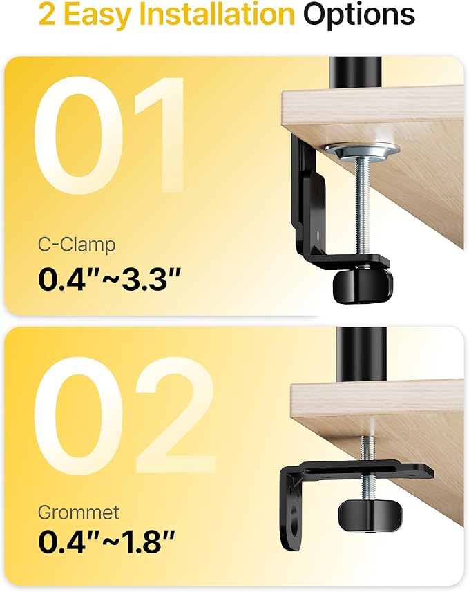 monTEK Triple Monitor Stand for 17-32" Screens, 22 lbs Each | Three-screen desk mount, height adjustment, tilt, swivel, rotation, clamp/grommet bases and VESA 75/100