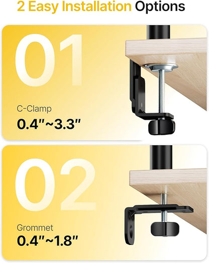 monTEK Triple Monitor Stand for 17-32" Screens, 22 lbs Each | Three-screen desk mount, height adjustment, tilt, swivel, rotation, clamp/grommet bases and VESA 75/100