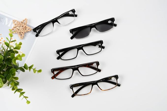 Eyekepper Men's Reading Glasses +4.00 5-Pack Includes Sunglasses | Spring Hinges - Durable Plastic Frames with Comfortable Fit & Clear Lenses, Ideal for Reading