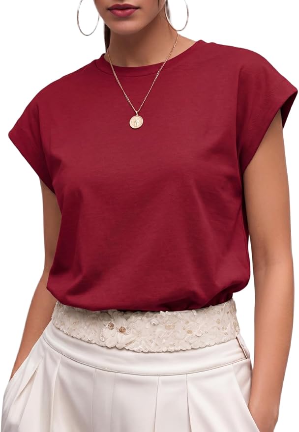 GRECERELLE Womens Summer Tops Cap Sleeve Crew Neck Basic T-Shirt | Everyday Casual Wear, Layering Friendly, Wrinkle-Resistant, Business Casual Ready, Lightweight & Packable, Capsule Wardrobe