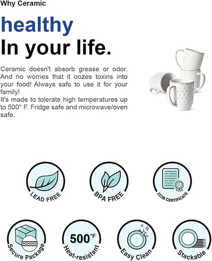 LE TAUCI Coffee Mugs 12 oz, Ceramic Mug Set Set of 4, Embossment Cups for Espresso, Latte, Tea, Cocoa, Cappuccino & Mocha, Dishwasher Oven Microwave Safe - 3.4 inch, Arctic White