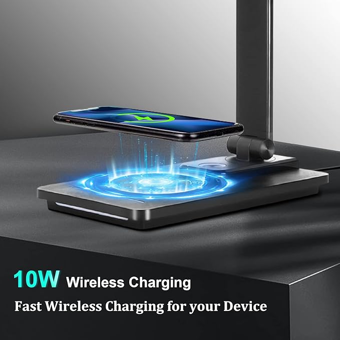 LED Desk Lamp with 10W Wireless Charger and USB Charging Port,Study Desk Lamp Reading Lamps for Office, 5 Lighting Modes, Full Dimmable Levels, Touch Control