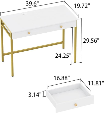Weehom Computer Desk with Drawers, Home Office Workstation, White Gold | Sturdy and spacious workstation for writing, studying and gaming, Suitable for PC and laptop use