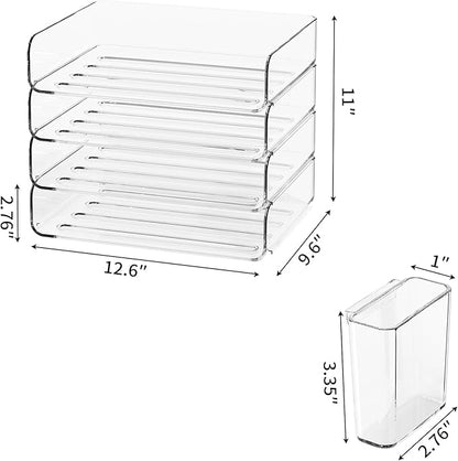 FANXIYQ 4-Tier Horizontal Acrylic Paper Tray Organizer with Pen Holder | Clear Stackable Desk Organizer for Documents, Letters, A4 Paper | Modern Office/Classroom/Home Organization