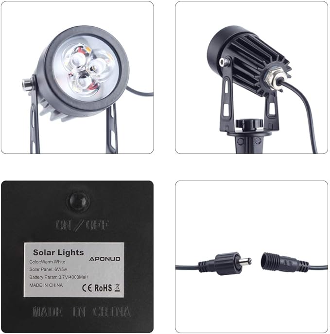 APONUO Metal Solar Spot Lights Outdoor with 9.8ft Cable Solar Powered Landscape Lighting Low Voltage IP65 Waterproof Auto On/Off for Outside Garden Yard Landscape Pathway Garage-Warm White(4-in-1)