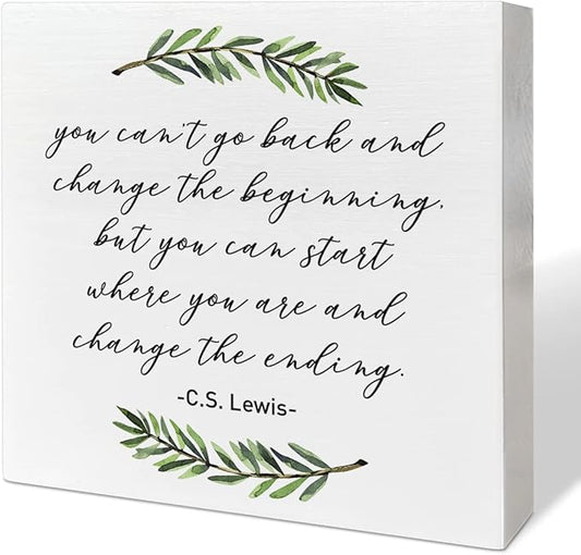Home Office Desk Wooden Box Sign Decor, You Can't Go Back and Change The Beginning, Inspirational Quotes Desk Decor Motivational Desk Decorations for Women Men Alcoholics Anonymous Counselor Therapist