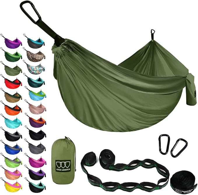 Gold Armour Camping Hammock - XL Double Hammock Portable Hammock Camping Accessories Gear for Outdoor Indoor with Tree Straps, USA Based Brand (OD Green)