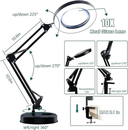 Magnifying Glass with Light and Stand, 10X Magnifying Lamp, 2-in-1 LED Lighted Desk Magnifier with Light, Craft Light Lamp with 3 Color Modes for Close Work Reading Repair Crafts