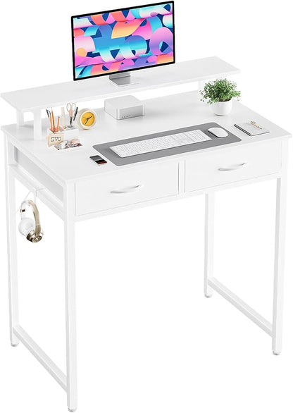 DUMOS 31-Inch Computer Desk with Drawers and Monitor Stand, White | Small Writing Desk for Home Office with Headphone Hook, Compact Study Table for Bedroom