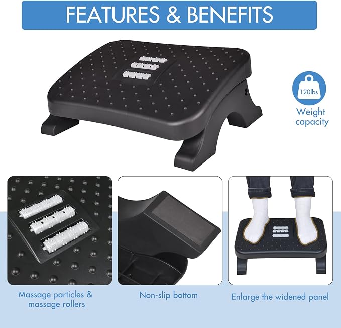 Scalebeard Under Desk Footrest, Ergonomic Foot Stool with Massage Rollers Max-Load 120Lbs Desk Leg Rest Pain Relief for Home Office Work
