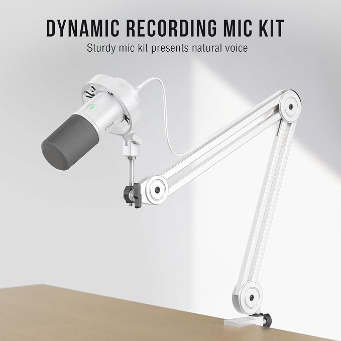 FIFINE AmpliTank K688TW Podcast XLR/USB Microphone Kit, Dynamic Vocal Mic | Studio PC Microphone with Boom Arm, Mute, Headphone Monitoring, for Recording, Streaming, Voice-Over, Online Teaching, White