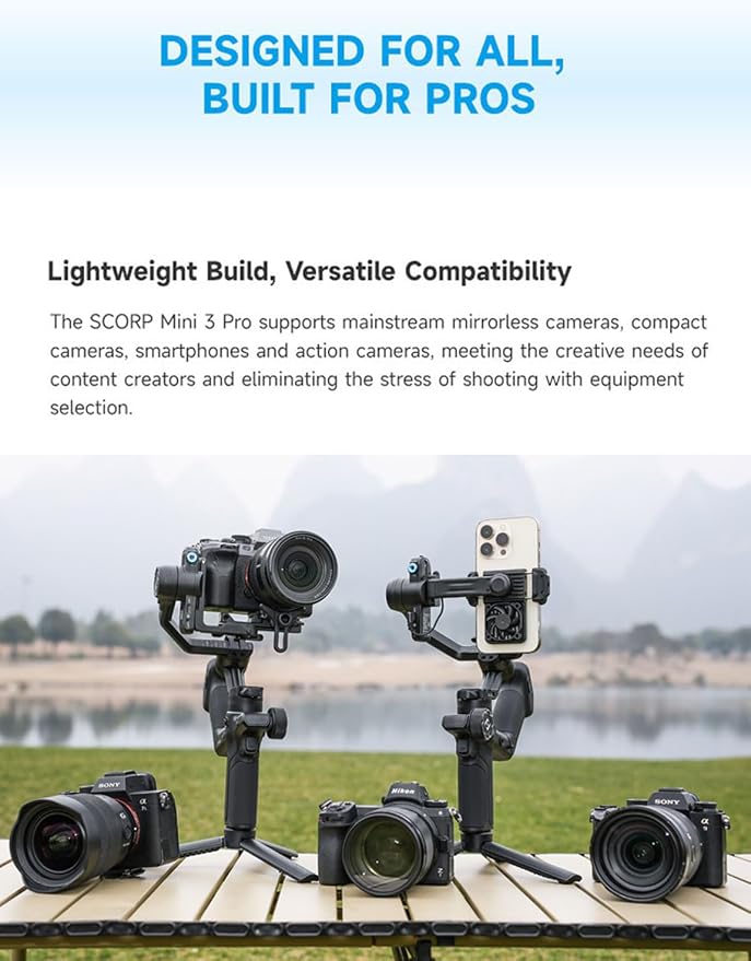 FeiyuTech SCORP Mini-3-Pro Gimbal Stabilizer for Camera Mirrorless/Compact/Action Cameras,Smartphone,18m AI Tracking,Detachable Remote Handle,4.4lbs Payload,3-axis Gimbal for Canon Sony Nikon