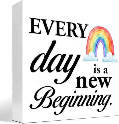 Positive Wood Box Sign Desk Decor,Every Day is a Fresh Beginning Wood Plaque Signs,Rustic Inspirational Wooden Block Sign Decor for Home Office Shelf Table Decoration C1076