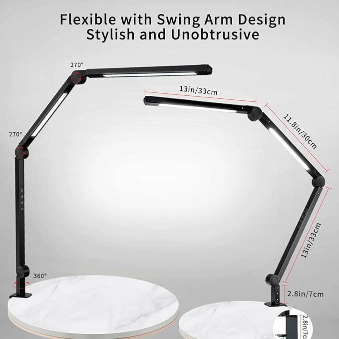 LED Desk Lamp with Clamp Flexible 3 Sections Swing Arm 2 Light Sources Desk Light, 4 Color Modes & 5 Brightness, Eye Caring Led Table Light with Memory Function for Table Lamps for Office