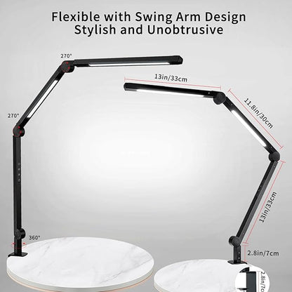 LED Desk Lamp with Clamp Flexible 3 Sections Swing Arm 2 Light Sources Desk Light, 4 Color Modes & 5 Brightness, Eye Caring Led Table Light with Memory Function for Table Lamps for Office