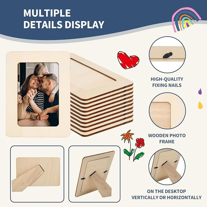 zjdbset Picture Frame Painting Craft Kit for 4 * 6 Photo,10Pcs DIY Unfinished Wooden Picture Frames with 12Pcs Painting Color Pen 4 Sheets Crystal Diamond Stickers for DIY Craft
