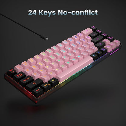 GEODMAER 65% Wired Gaming Keyboard, LED Backlit, Ultra-Compact Anti-Ghosting No-Conflict 68 Keys Membrane Gaming Wired Keyboard for PC Laptop Windows Gamer(Pink-Black)