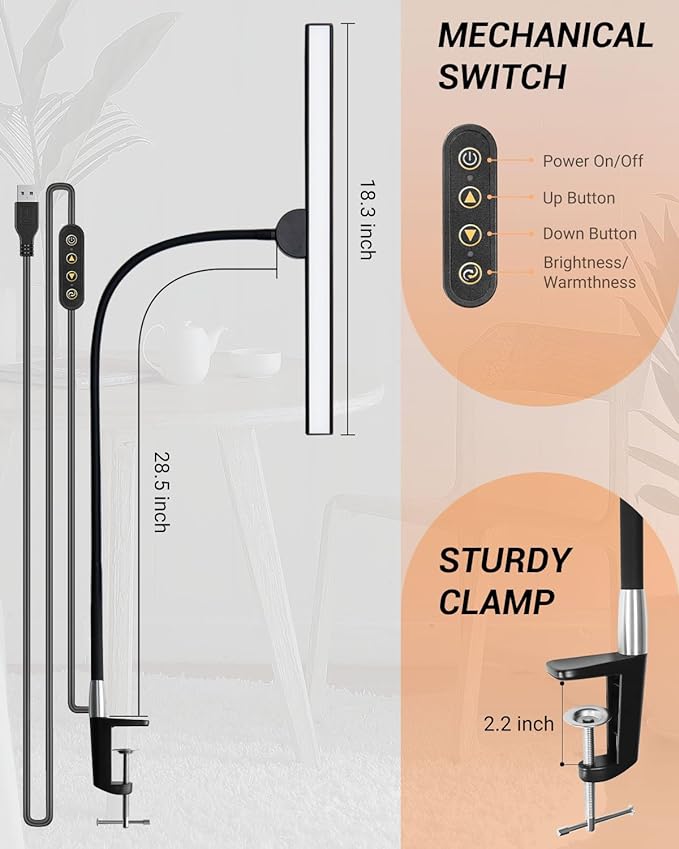 LED Desk Lamps for Home Office, Gooseneck Desk Lamps with Clamp, 30 Lighting Modes Adjustable, 18W Eye-Caring Desk Light, for Reading, Study, Workbench
