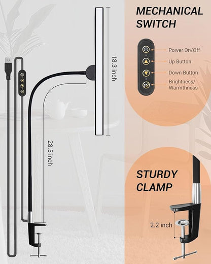 LED Desk Lamps for Home Office, Gooseneck Desk Lamps with Clamp, 30 Lighting Modes Adjustable, 18W Eye-Caring Desk Light, for Reading, Study, Workbench