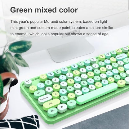Guffercty kred Green Colorful Wireless Keyboard Mouse, Cute Retro Typewriter Round Keycaps 2.4GHz Dropout-Free Connection for Laptop/PC (Multicolor Green)