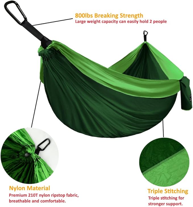 Gold Armour Camping Hammock - XL Double Hammock Portable Hammock Camping Accessories Gear for Outdoor Indoor with Tree Straps, USA Based Brand (Green)