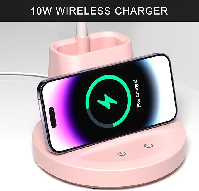 LED Desk Lamp with Wireless Charger for Home Office, Small with Pen Holder, 800LM,3 Color Modes,Gooseneck, Eye-Caring White Desk Lamps for Home College Dorm Room,Pink