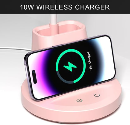 LED Desk Lamp with Wireless Charger for Home Office, Small with Pen Holder, 800LM,3 Color Modes,Gooseneck, Eye-Caring White Desk Lamps for Home College Dorm Room,Pink