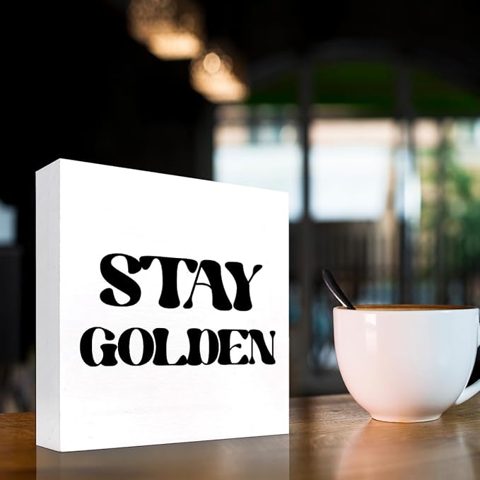 Stay Golden Wood Block Sign Desk Decor,Rustic Positive Wooden Box Plaque Sign Desk Decor for Home Girls Room Office Shelf Table Decor Decorations