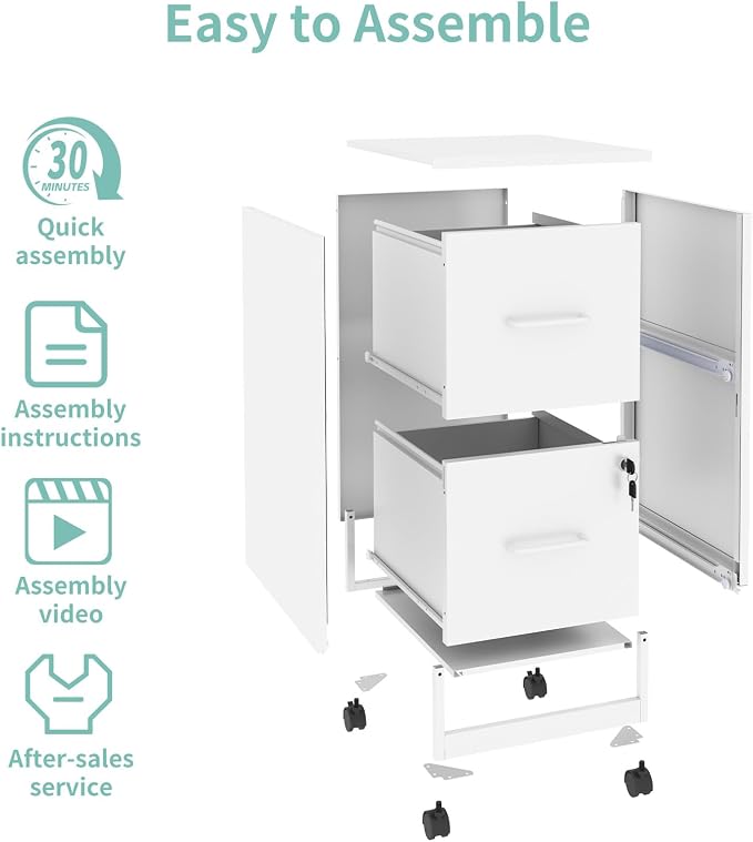 AQY 2 Drawer Mobile File Cabinet with Lock, Rolling Metal Filing Cabinets for Home Office, Vertical File Cabinet on Wheels, Small White File Storage Cabinets for Legal/Letter/A4 Files Assembly Require