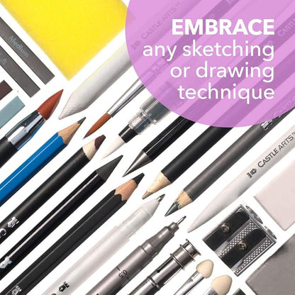 Castle Art Supplies 100 Piece Drawing & Sketching Set | Graphite, Charcoal, Pastel, Metallic Pencils + More for Professional and Adult Artists