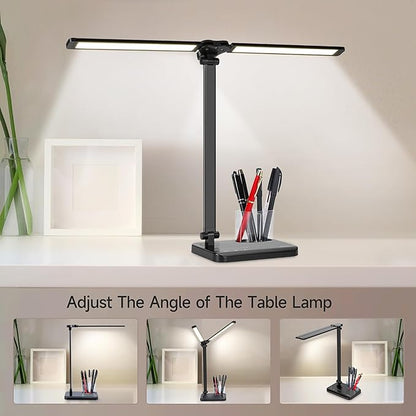 LED Desk Lamp for Home Office - Dual Swing Arm Desk Light with USB Charging Port,Eye-Caring Foldable 5 Color Modes 10 Brightness Levels Dimmable Desk Lamp for College Dorm Room (Black)