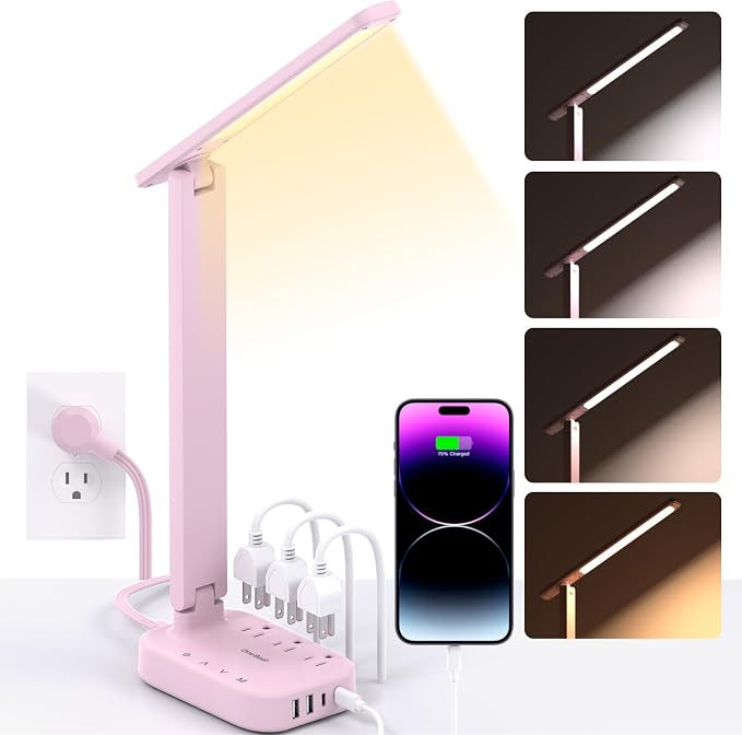 LED Desk Lamp, Power Strip with 4 USB 3 Outlets, Dorm Room Essentials, Pink | One Beat 4 Modes 5 Level Brightness Touch Lamp, Small Desk Lamp for Home Office College Dorm Essentials, Study Reading Light