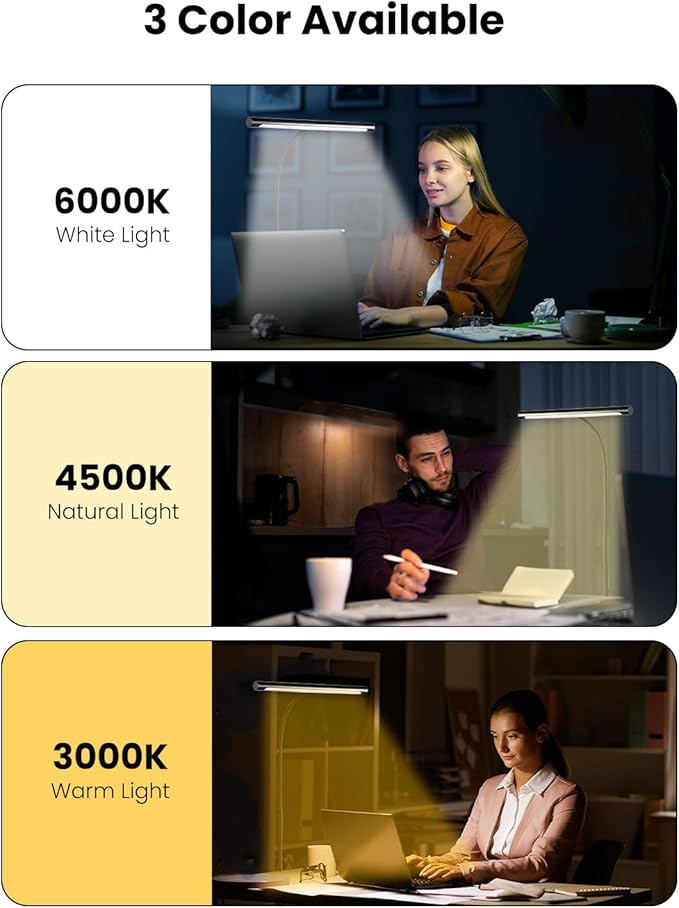 LED Desk Lamp for Home Office, Eye-Caring LED Desk Light Bar with Gooseneck, 12W Dimmable Overhead Light for Desk, Architect Clamp Lamp for Reading Study Workbench