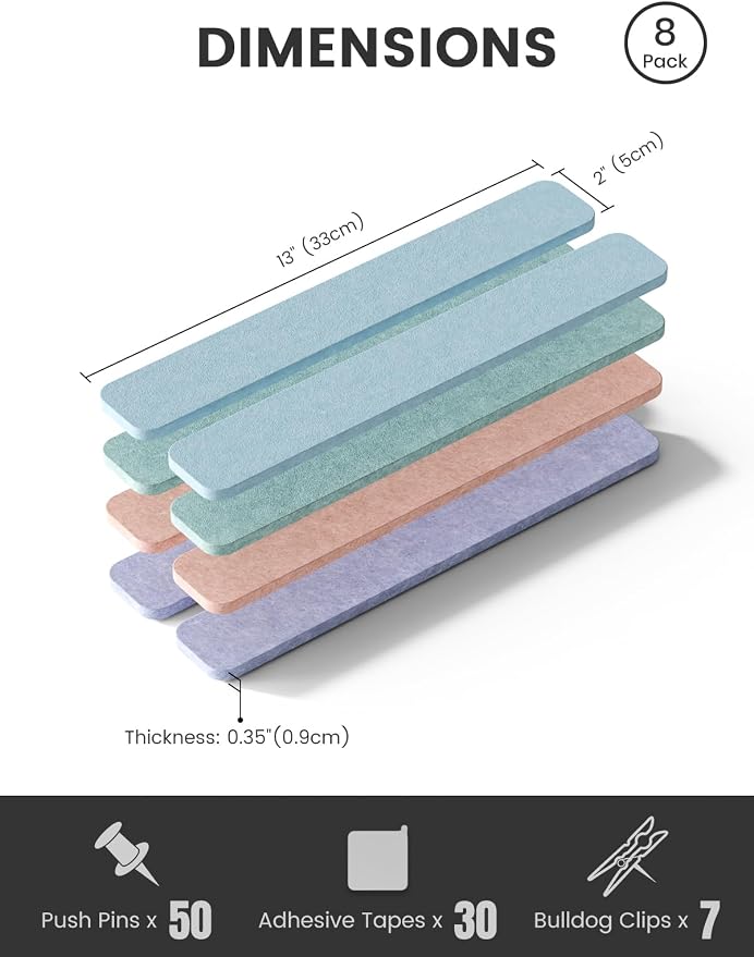 Fluxynara 13" x 2" Felt Wall Panels, Coastal Haze | 8-Pack Includes 50 Push Pins and Adhesive Tabs for Photos, Notes and Decor in Bedroom Doors, Home Office or Studios